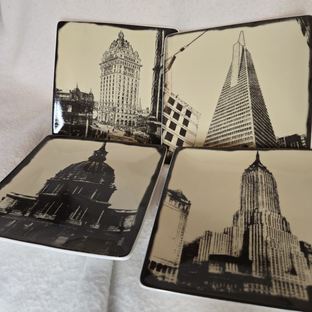 4 Pottery Barn Appetizer Plates Tall Iconic Buildings Vintage Scenes 5.5" Square
